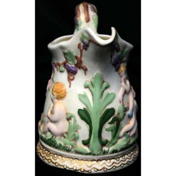 VTG 1972 Hazel Cousins Cherub Ceramic White Pitcher Multicolored Vineyard Design - Picture 3 of 11